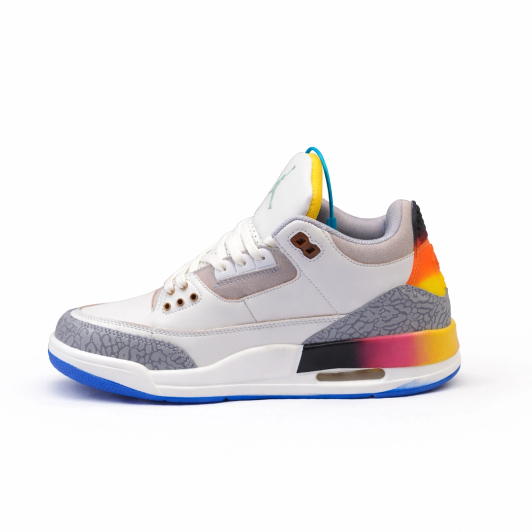Air Jordan 4 Sneakers White and Multicolor Rainbow Heel - Pair View. Air Jordan 4 Sneakers White and Multicolor Rainbow Heel - Pair View.