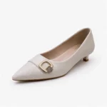 Side view of beige cream low heel pumps premium quality.