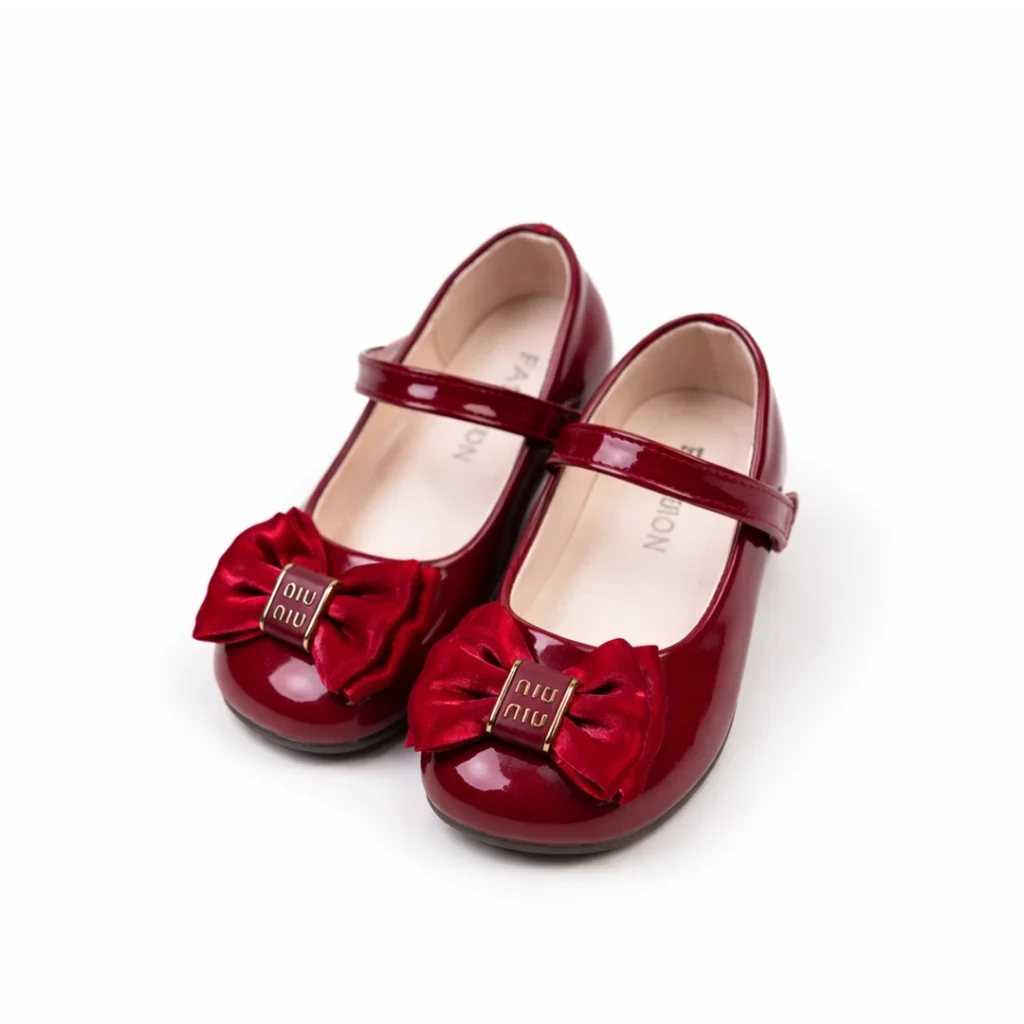 Girls premium glossy maroon party shoes with bow imported China BD