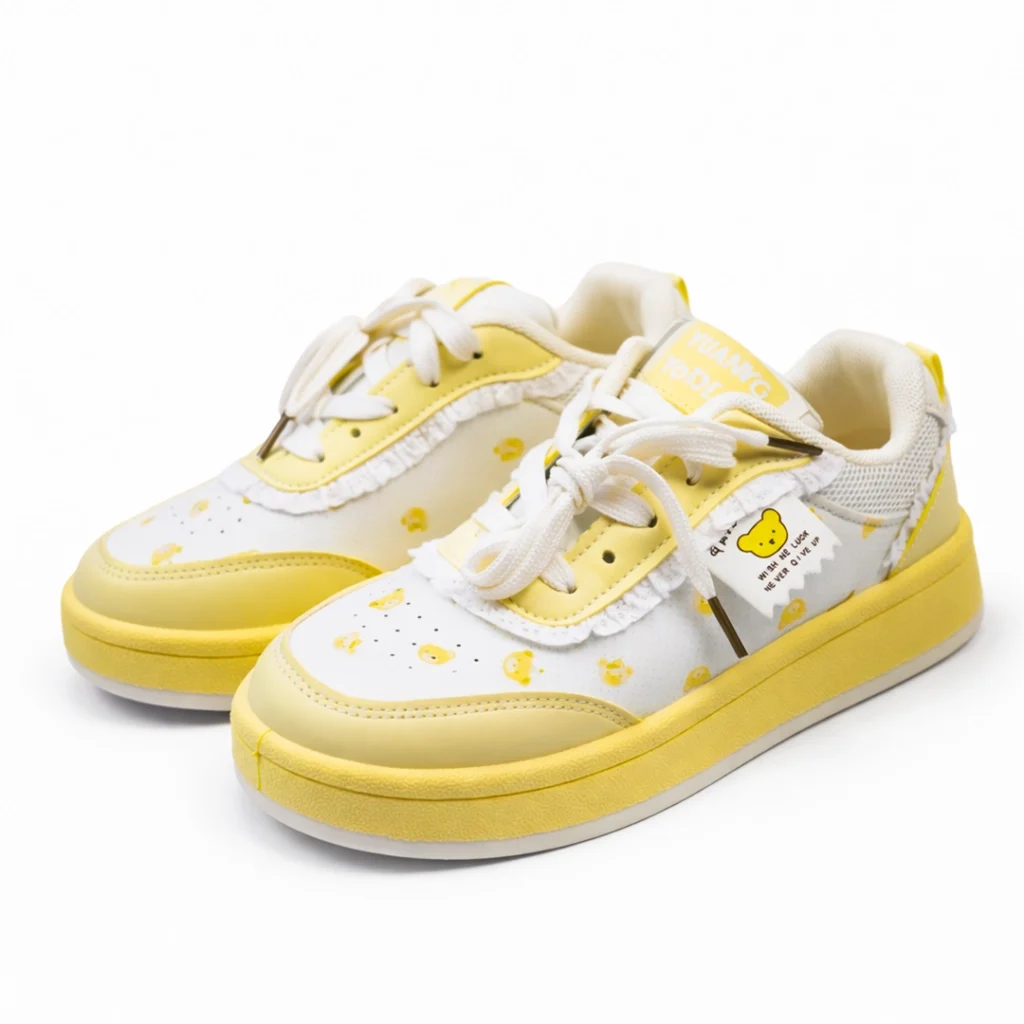 Girls casual sneakers white and yellow with cute bear print imported from China.