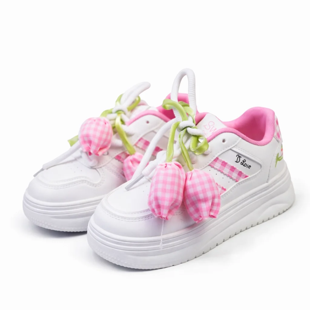 Pair of girls white casual sneakers with pink tulip flower accessories.