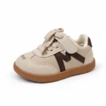 Kids premium beige casual sneakers with brown gum sole and velcro strap BD