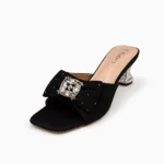 Women's black open toe slide heels with crystal bow and transparent block heel imported party shoe.