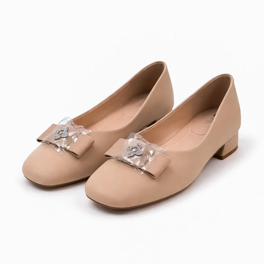 Women's round toe pumps light coffee color with crystal bow detail BD