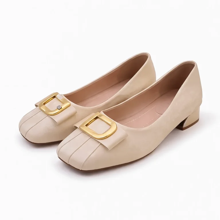 Women's premium square toe low heel pumps beige with golden buckle BD
