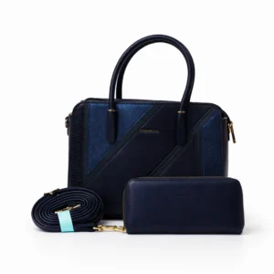 Classic women's elegant black structured handbag with gold chain detail BD