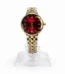 Women's luxury quartz watch with red dial, crystal markers, and silver-gold two-tone strap.