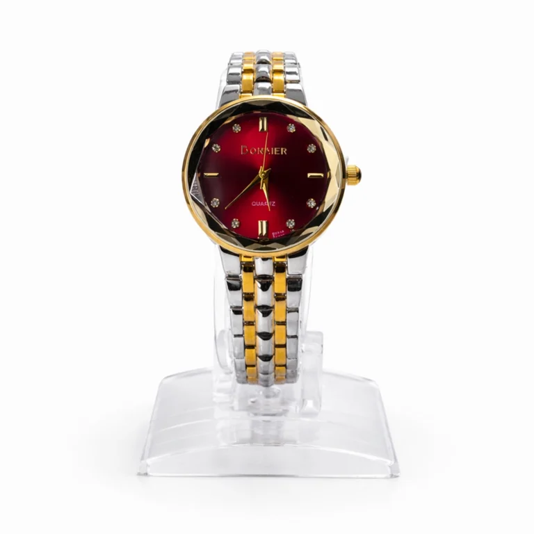 Women's luxury quartz watch with red dial, crystal markers, and silver-gold two-tone strap.