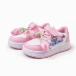 Pink casual shoes for girls with cute flower decoration and velcro strap