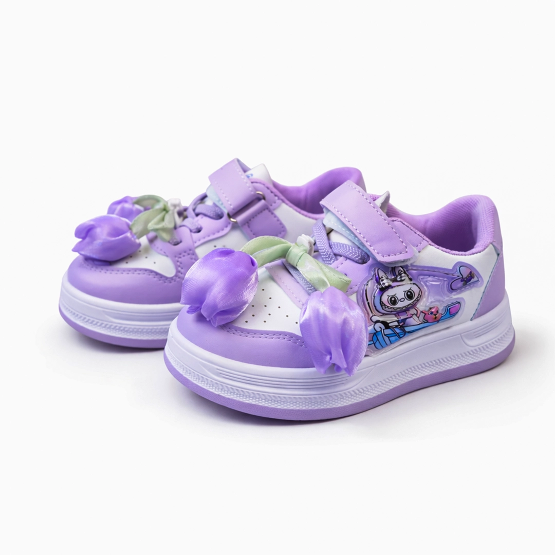 girls-3d-tulip-sneaker-purple-pair-bd Girls premium purple sneakers with 3d tulip flower and cartoon patch BD