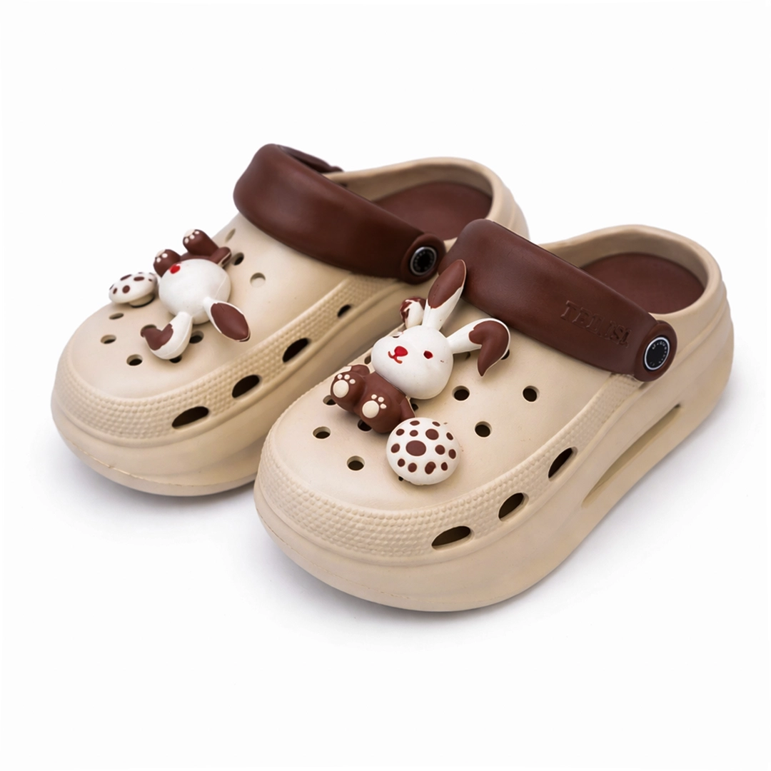 ladies-cartoon-charm-clogs-beige-bunny-design-bd Ladies premium beige crocs with brown strap and 3d bunny charm imported BD