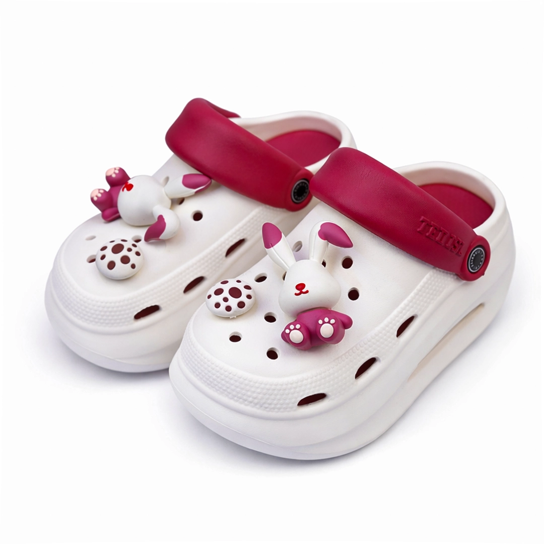 ladies-cartoon-charm-clogs-white-maroon-bunny-bd Ladies premium white crocs with maroon strap and 3d bunny charm imported BD