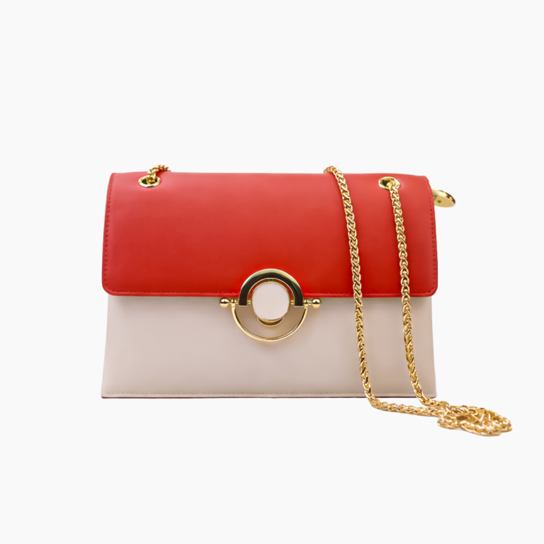 Ladies two-tone shoulder bag red and off-white with gold chain strap BD