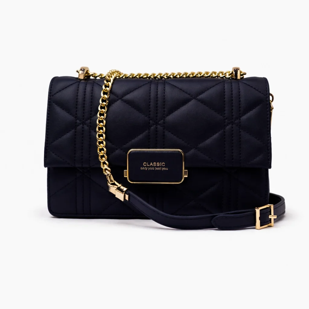 Women's black quilted shoulder bag with gold chain strap luxury party bag