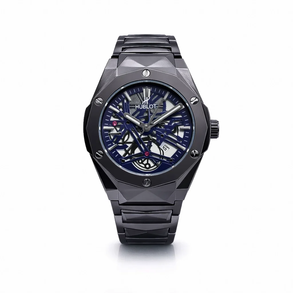 Premium black metal wrist watch with a luxury skeleton gear dial and angular bezel.