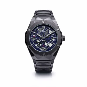 Premium black metal wrist watch with a luxury skeleton gear dial and angular bezel.