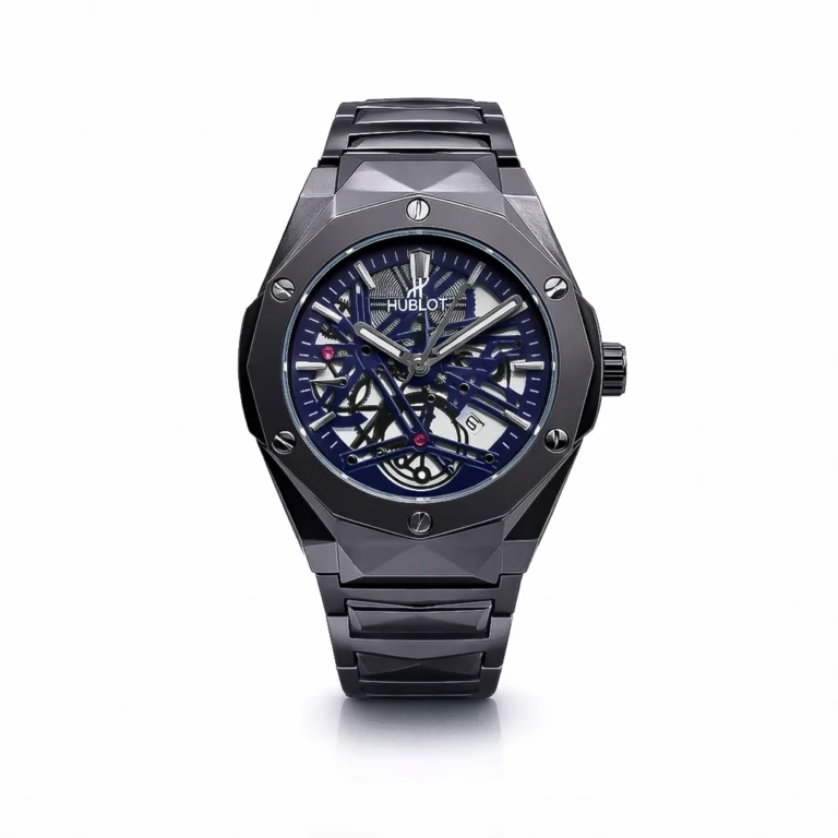 Premium black metal wrist watch with a luxury skeleton gear dial and angular bezel.