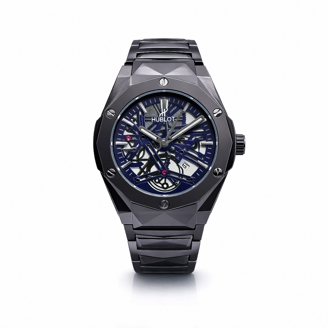 luxury-skeleton-dial-metal-watch-black-bd Premium black metal wrist watch with a luxury skeleton gear dial and angular bezel.