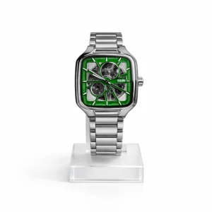 Premium square skeleton mechanical watch with green dial and stainless steel strap