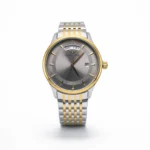 Luxury men's two-tone silver and gold quartz watch featuring a grey dial with day and date display.