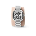 Elegant silver skeleton mechanical watch with transparent gear design