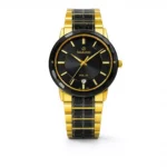 Luxury men's analog watch featuring a black dial, date window, and gold-black strap.