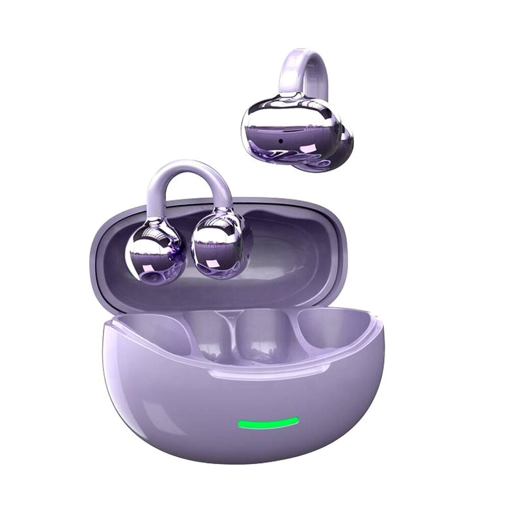 Purple TWS wireless earbuds with ear hook design and charging case
