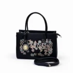 Black elegant office handbag with flower embroidery design for ladies