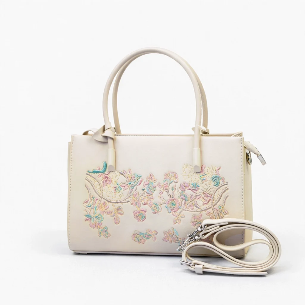 Cream women's handbag with pastel floral embroidery and shoulder strap BD