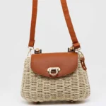 Women's cream white retro woven crossbody bag with brown flap in Bangladesh