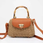 Women's retro tan handmade woven handbag with bamboo handle available in Bangladesh