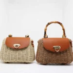 Front view comparison of women's retro bamboo handle woven crossbody bags in cream white and natural tan in Bangladesh