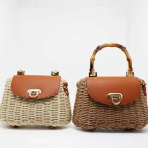 Front view comparison of women's retro bamboo handle woven crossbody bags in cream white and natural tan in Bangladesh