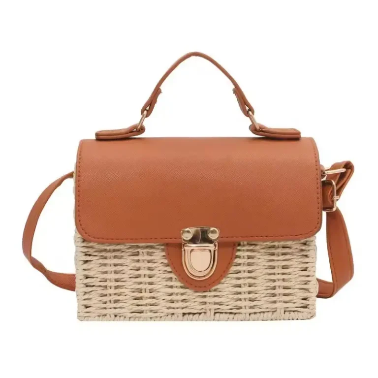 Women's beige handmade rattan straw crossbody bag with brown faux-leather flap in Bangladesh