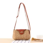Women's natural tan handmade woven crossbody beach bag with long shoulder strap in Bangladesh