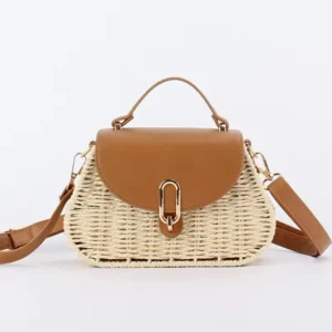 Women's cream white retro woven shoulder bag with brown flap in Bangladesh