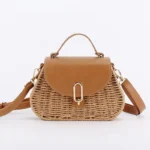 Women's retro natural tan woven crossbody bag with metal lock available in Bangladesh