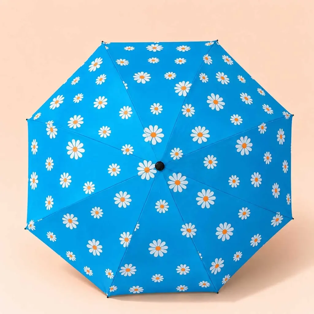 Bright blue rainproofs and UV blocking floral parasol for girls.