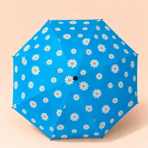 Bright blue rainproofs and UV blocking floral parasol for girls.