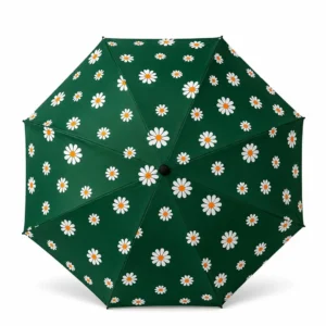 Dark green daisy print compact 12-rib travel umbrella.