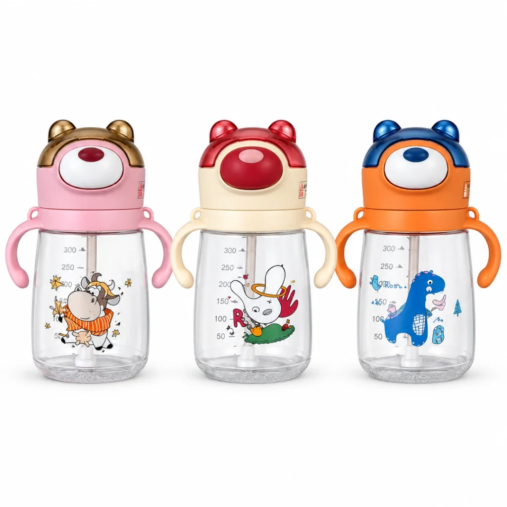 Kids Bear Water Bottle in Pink Cream Red and Orange Blue
