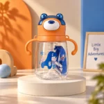Kids Bear Flip-Top Water Bottle with Straw & Dual Handles - Image 2