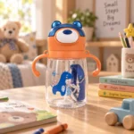 Kids Bear Flip-Top Water Bottle with Straw & Dual Handles - Image 3